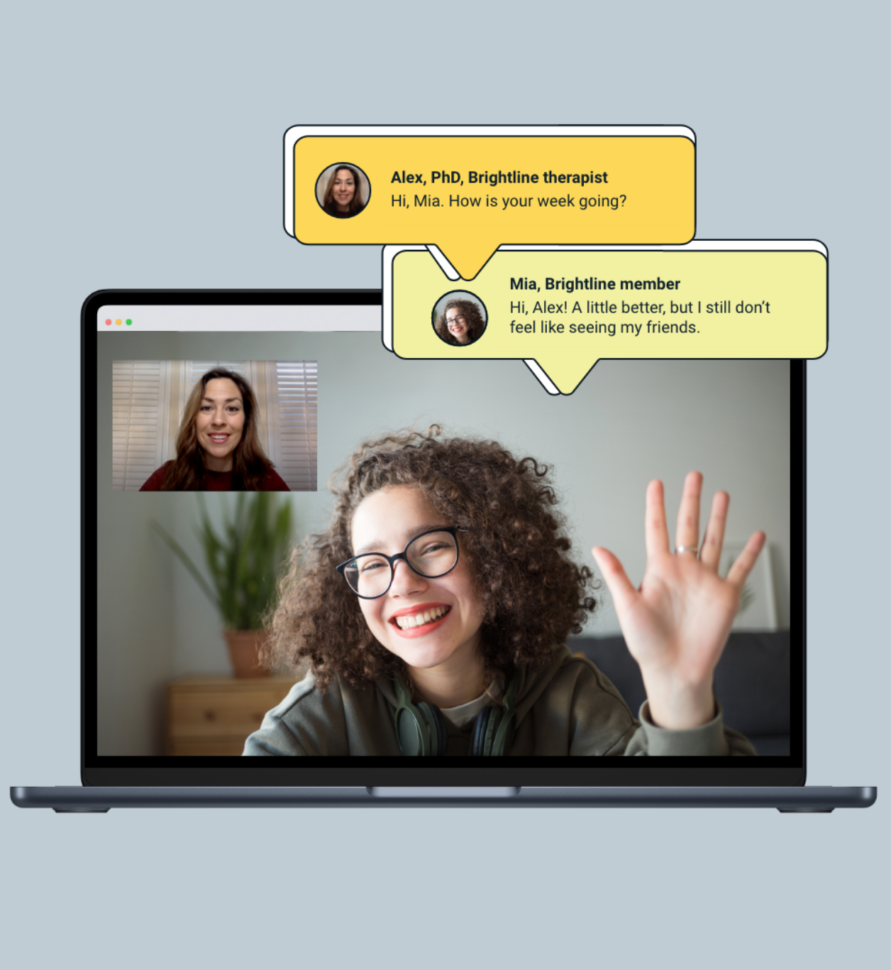 Girl in laptop screen waving to coach during online session, chat bubbles showing their conversation