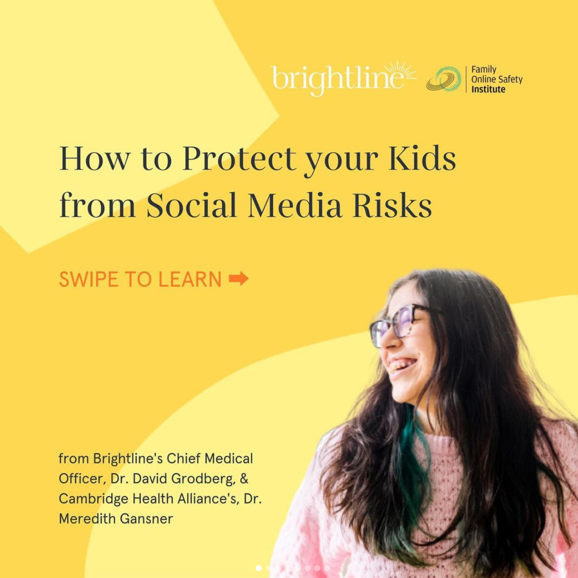 A graphical post detailing a guide from Brightline's CMO, Dr. David Grodberg, "How to Protect your Kids from Social Media Risks."